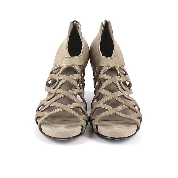 Eileen Fisher Wedge Sandals 9 Leather Lattice Caged Taupe Gray Tan Summer - Picture 4 of 4